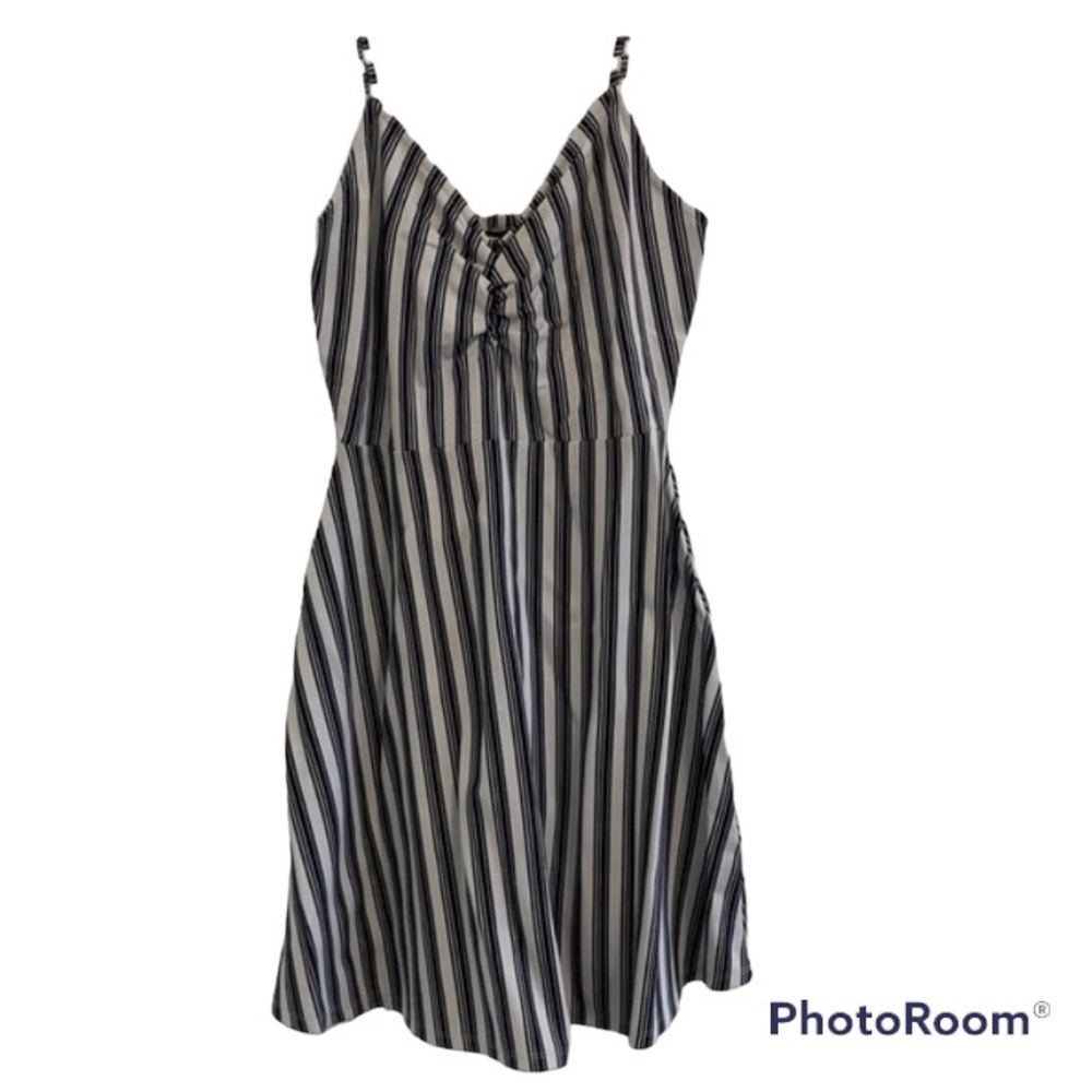 FIT N FLARE SUNDRESS SLEEVELESS BLUE WHITE STRIPES STRETCH SUMMER